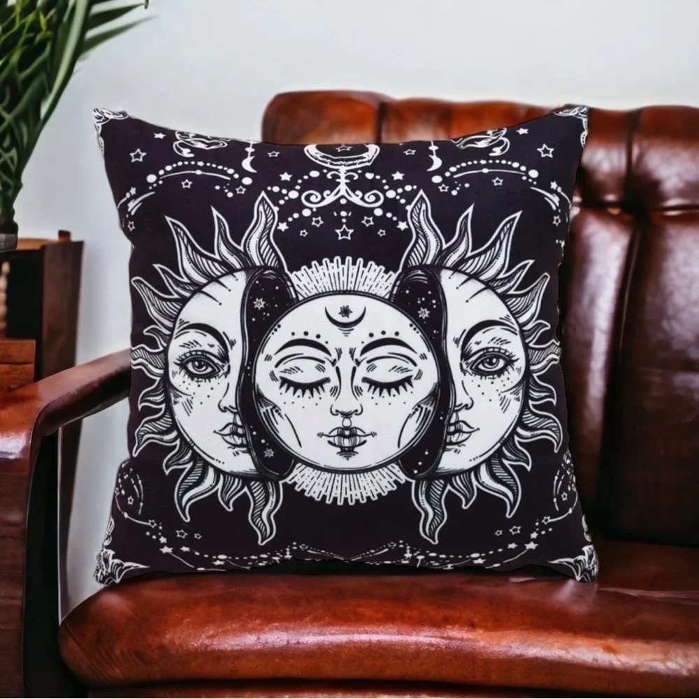 Pillow Cover Sun Moon Celestial Mystical Zippered Large Black White 17.7 in